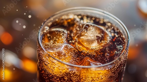 A glass of soda with ice cubes in it. The bubbles in the soda are visible and the glass is half full