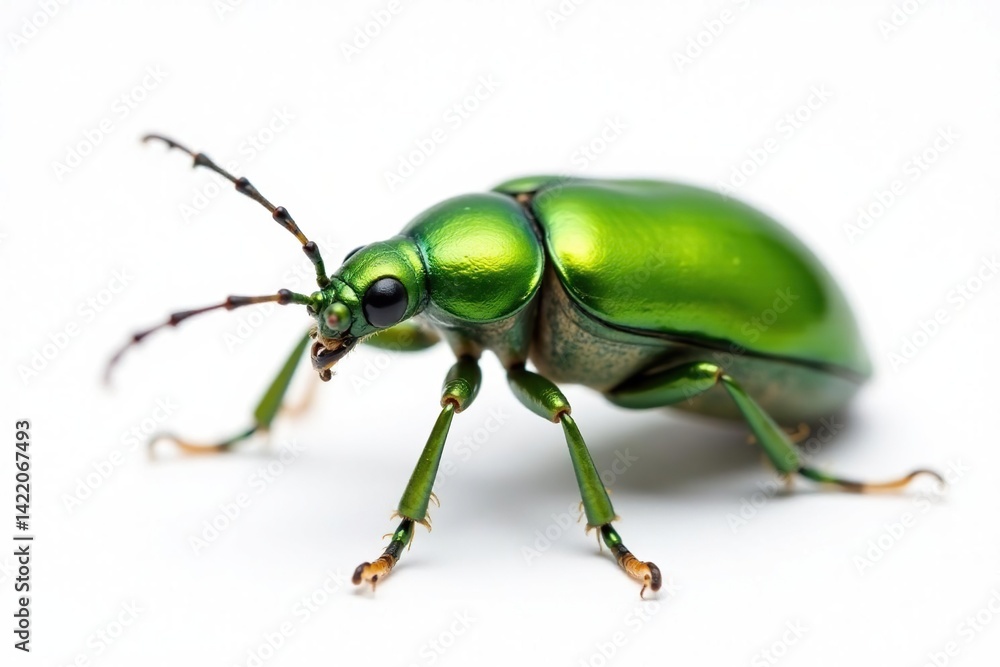 Naklejka premium Green beetle isolated on white studio backdrop, background, bug, wildlife