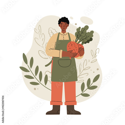 Person holding fresh organic vegetables in apron standing with leafy greens in nature background illustration 