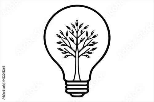 line art illustration of a light bulb with a detailed tree growing inside