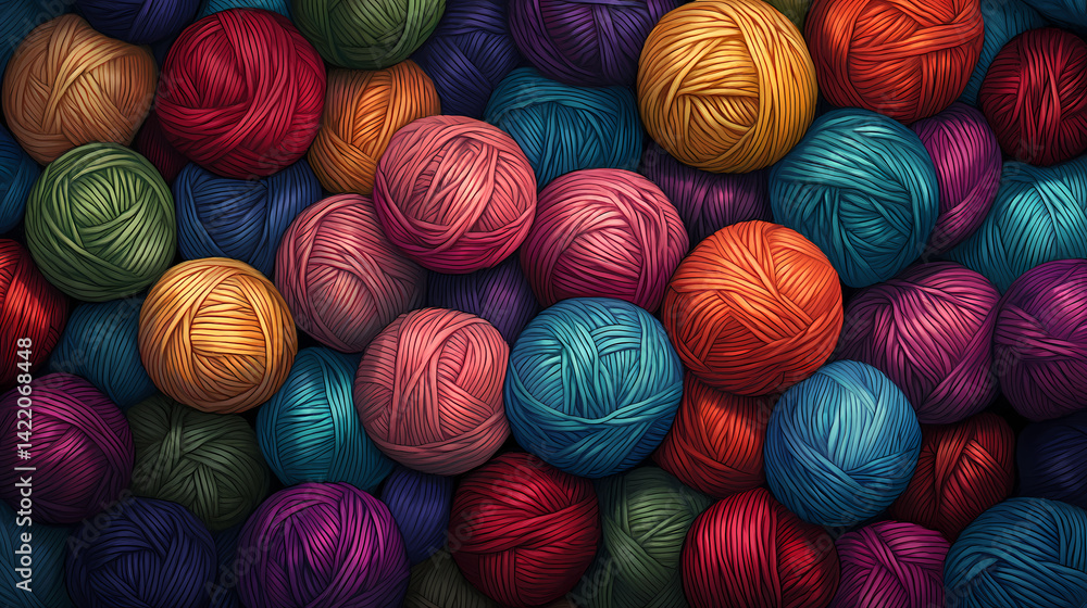 Colorful balls of yarn with knitted fabric in close-up view. Time-Spun Threads. Illustration