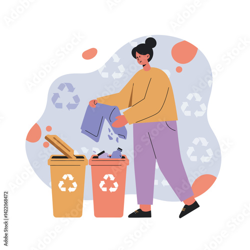 Woman sorting recyclable waste into color-coded bins for recycling and environmental care awareness 