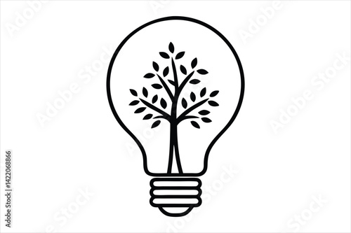line art illustration of a light bulb with a detailed tree growing inside