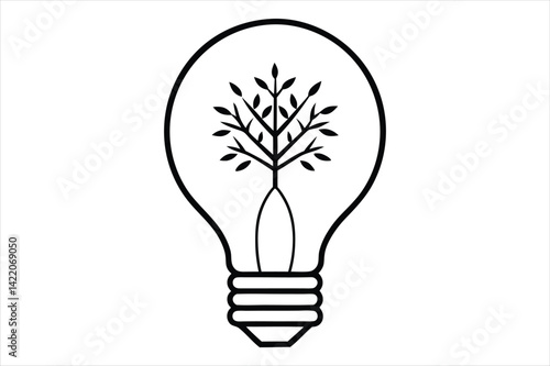 line art illustration of a light bulb with a detailed tree growing inside