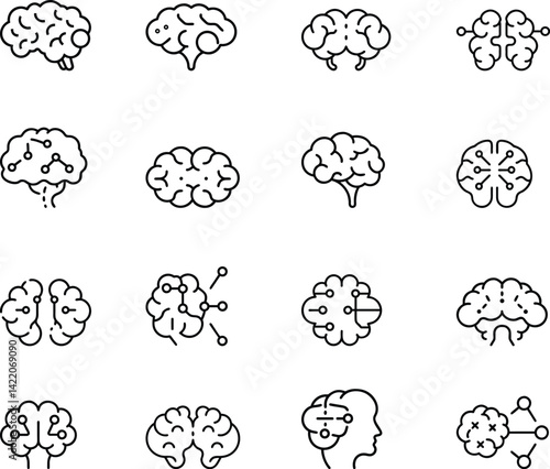 Brain Icons Line Set. AI, Neurology, Psychology, Mind Vector Collection