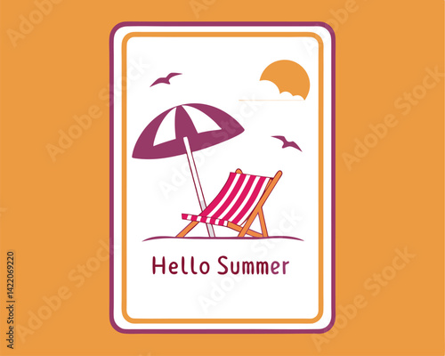 Hello Summer Beach Scene with Chair Umbrella Sun and Seagulls