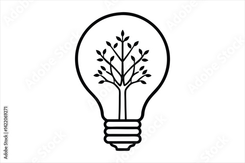 line art illustration of a light bulb with a detailed tree growing inside