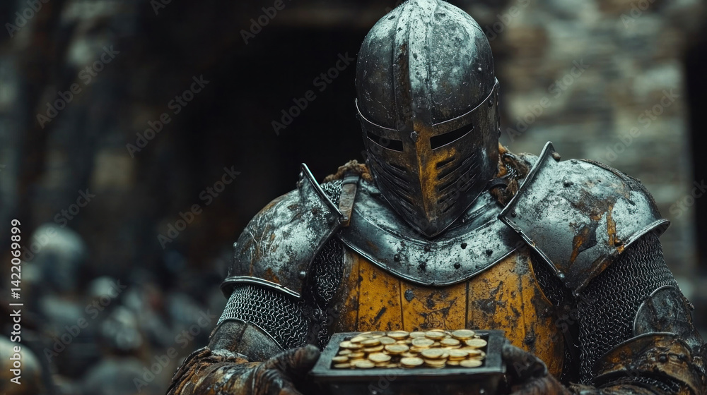 A knight in armor attempting to use a medieval ATM that dispenses gold coins A knight in armor attempting to use a medieval ATM that dispenses gold coins