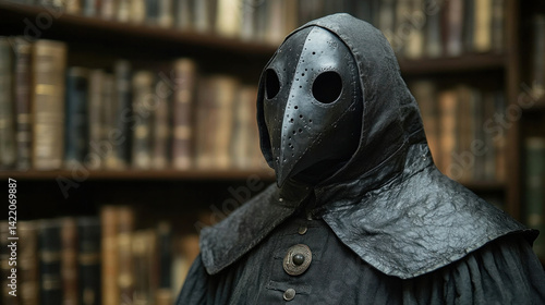 A historical doctor isolated, wearing a plague doctor mask from the 17th century, symbolizing ancient medicine