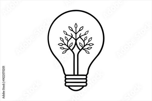 line art illustration of a light bulb with a detailed tree growing inside