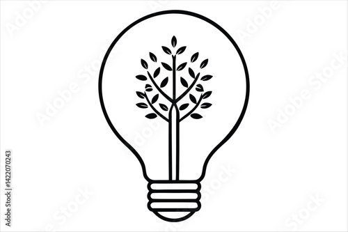 line art illustration of a light bulb with a detailed tree growing inside