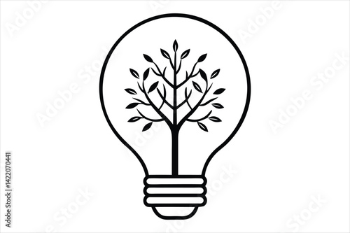 line art illustration of a light bulb with a detailed tree growing inside
