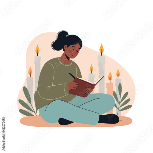 Woman reading book surrounded by candles and leaves in calm setting with soft green and peach tones 