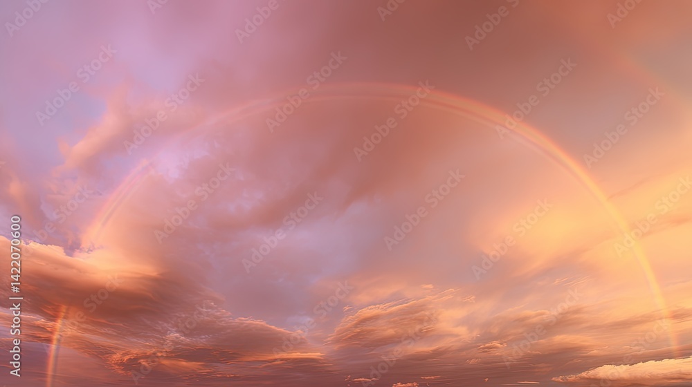 Fototapeta premium Magical Double Rainbow Across Sunset Sky with Glowing Clouds in Ethereal Twilight Atmosphere