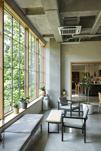 sunlit waiting area with modern furniture and greenery