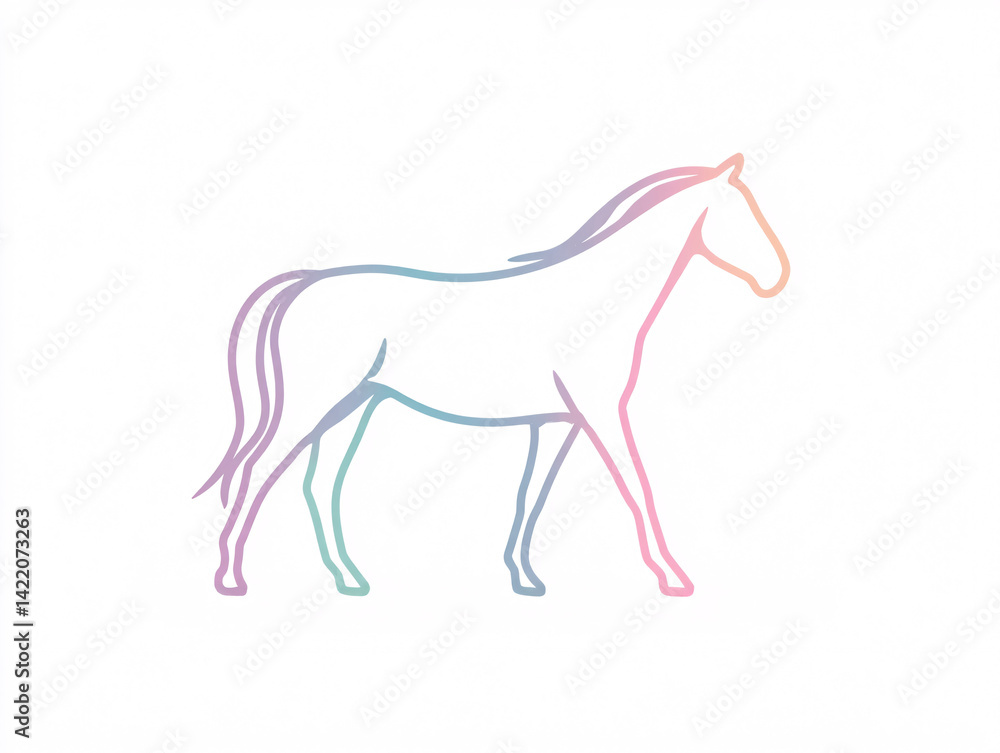 Obraz premium minimal line art illustration of horse with pastel gradient outline on white background, elegant and modern animal design for decor, equestrian themes, educational visuals, and graphic resources