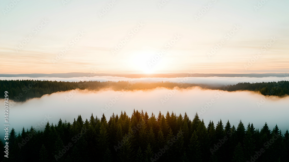 Fototapeta premium Aerial View of Sunrise Over Foggy Forest