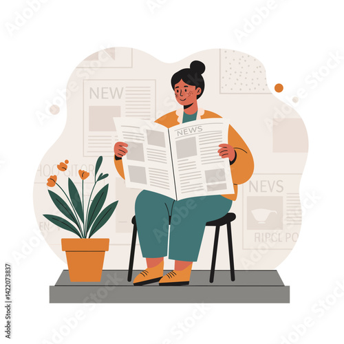 Woman reading newspaper sitting on chair near potted plant with orange flowers in calm indoor setting 