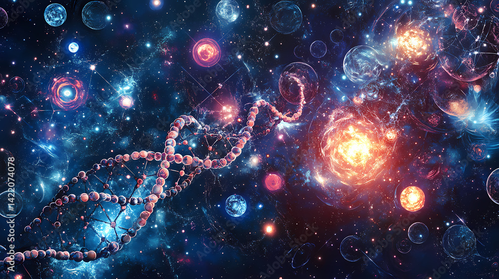 A lively portrayal of dna interwoven with celestial elements in the cosmos. Dark Matter Weave. Illustration A lively portrayal of dna interwoven with celestial elements in the cosmos. Dark Matter Weave. Illustration