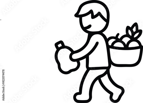 Grocery Shopping Icon Black and White Vector Illustration of Person Carrying Food Basket