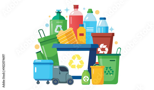 Set of plastic bottles with detergent and bin.