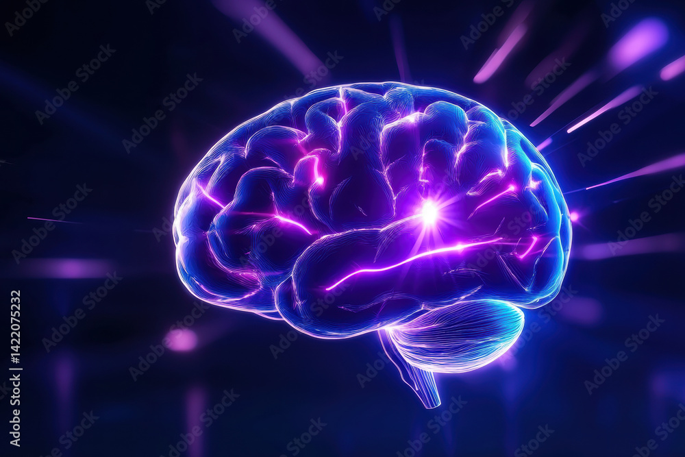 glowing blue purple neon brain symbolizing artificial intelligence and creativity glowing blue purple neon brain symbolizing artificial intelligence and creativity