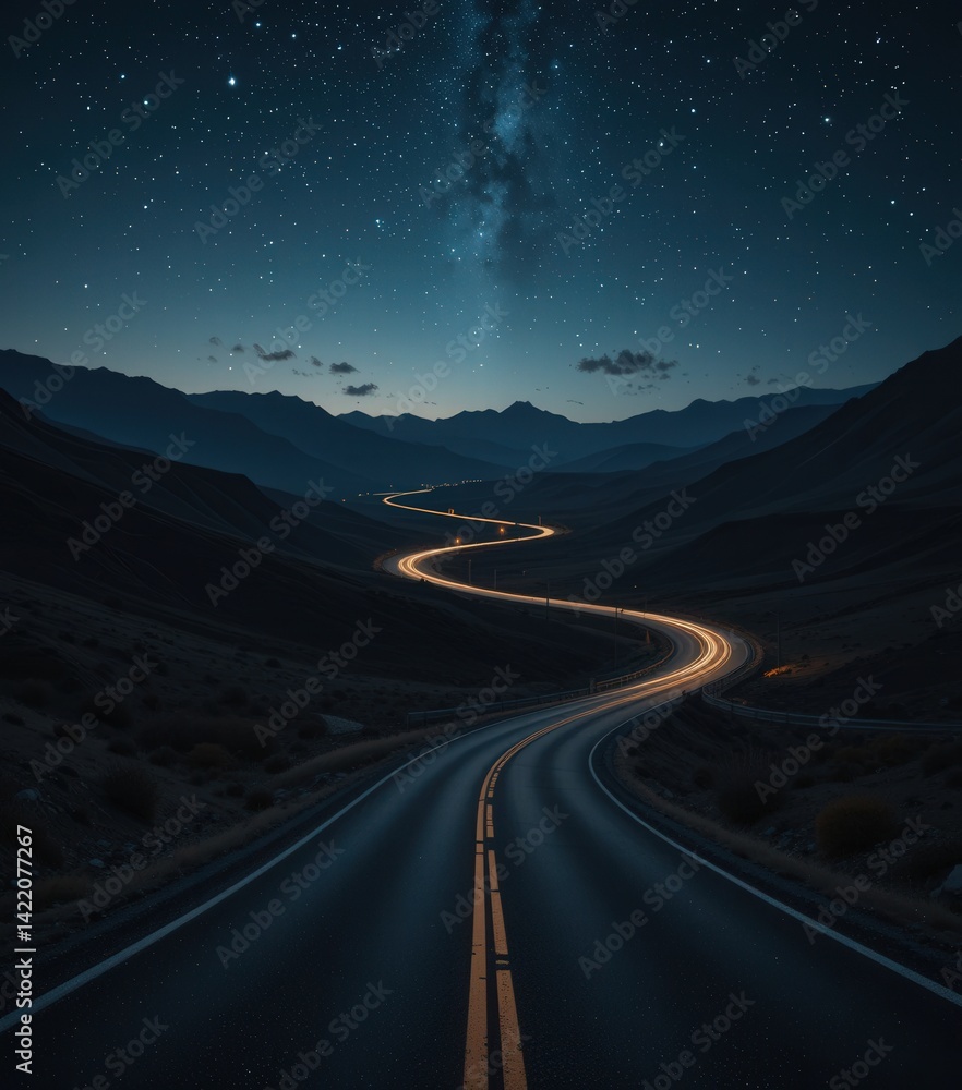 Fototapeta premium A winding, asphalt road stretches into the distance, illuminated by glowing streetlights that cast a warm, inviting glow, surrounded by lush greenery and a twilight sky.
