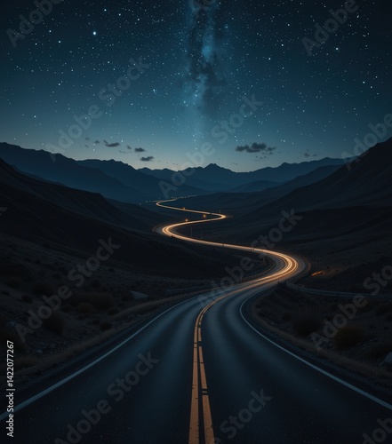 A winding, asphalt road stretches into the distance, illuminated by glowing streetlights that cast a warm, inviting glow, surrounded by lush greenery and a twilight sky.