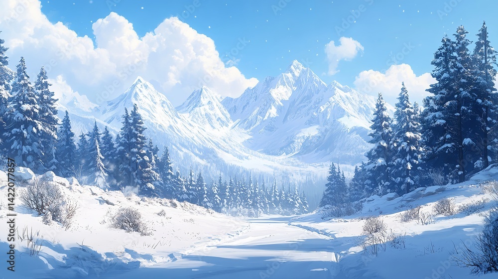Fototapeta premium Bathed in the warm glow of the sunrise, a winter landscape comes to life in all its beauty. The trees are cloaked in a blanket of pristine snow, glistening like diamonds in the soft morning light.