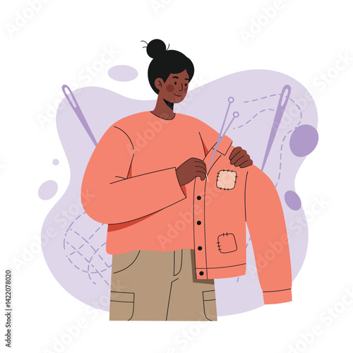 Woman sewing orange jacket with needles and threads in creative hobby scene
