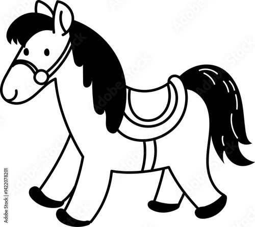 Cartoon farm animal Clipart. Cartoon-style horse illustration with a saddle and flowing mane.