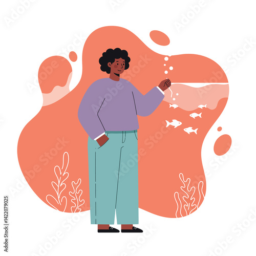 Person interacting with digital fish in coral reef environment with orange background and casual clothing
