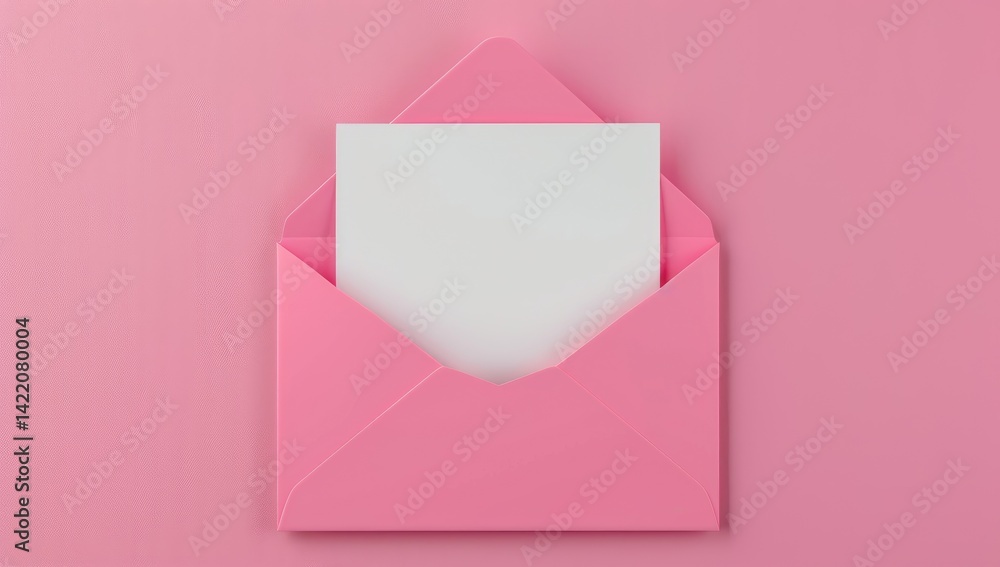 Open pink envelope with empty white sheet coming out on pink textured background. Top view. Pastel pink background romantic love design. Wedding copy space Open pink envelope with empty white sheet coming out on pink textured background. Top view. Pastel pink background romantic love design. Wedding copy space