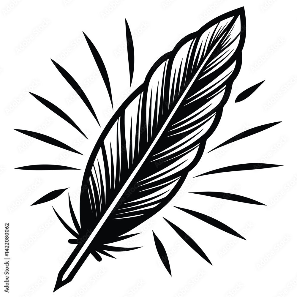 Fototapeta premium Elegant Black and White Feather Illustrations, Hand-Drawn Feather Designs in Black and White, Stylized Feather Clipart Collection.