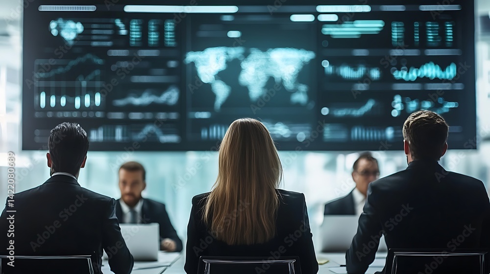 Obraz premium A group of business leaders in a high-tech boardroom with digital charts in the background