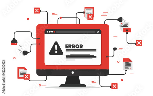 System Error and Network Failure Illustration. A cartoon illustration depicting a red computer monitor displaying an error message with a warning triangle.