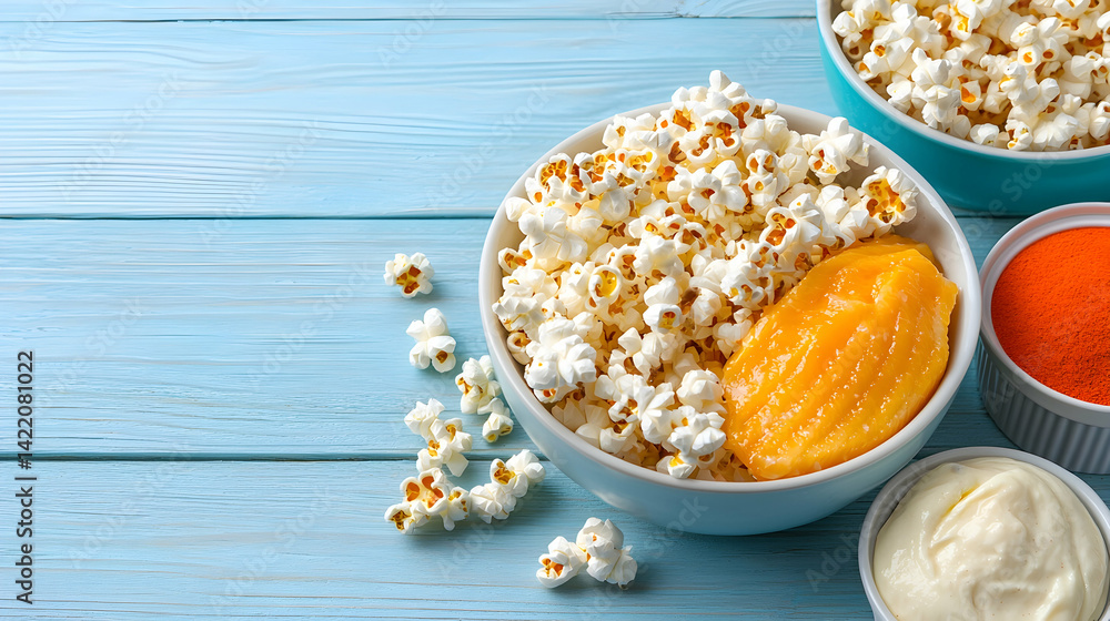 Buttery Popcorn with Cheese and Orange Dips on Blue Wooden Table Buttery Popcorn with Cheese and Orange Dips on Blue Wooden Table