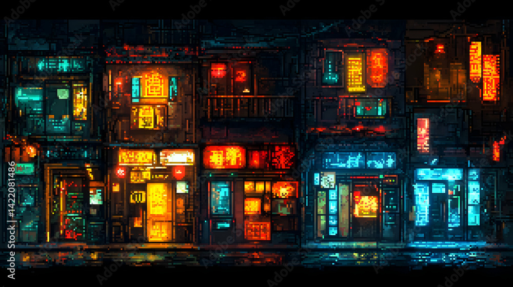 Fototapeta premium Vibrant Neon Lights Illuminate Wet Night City Street