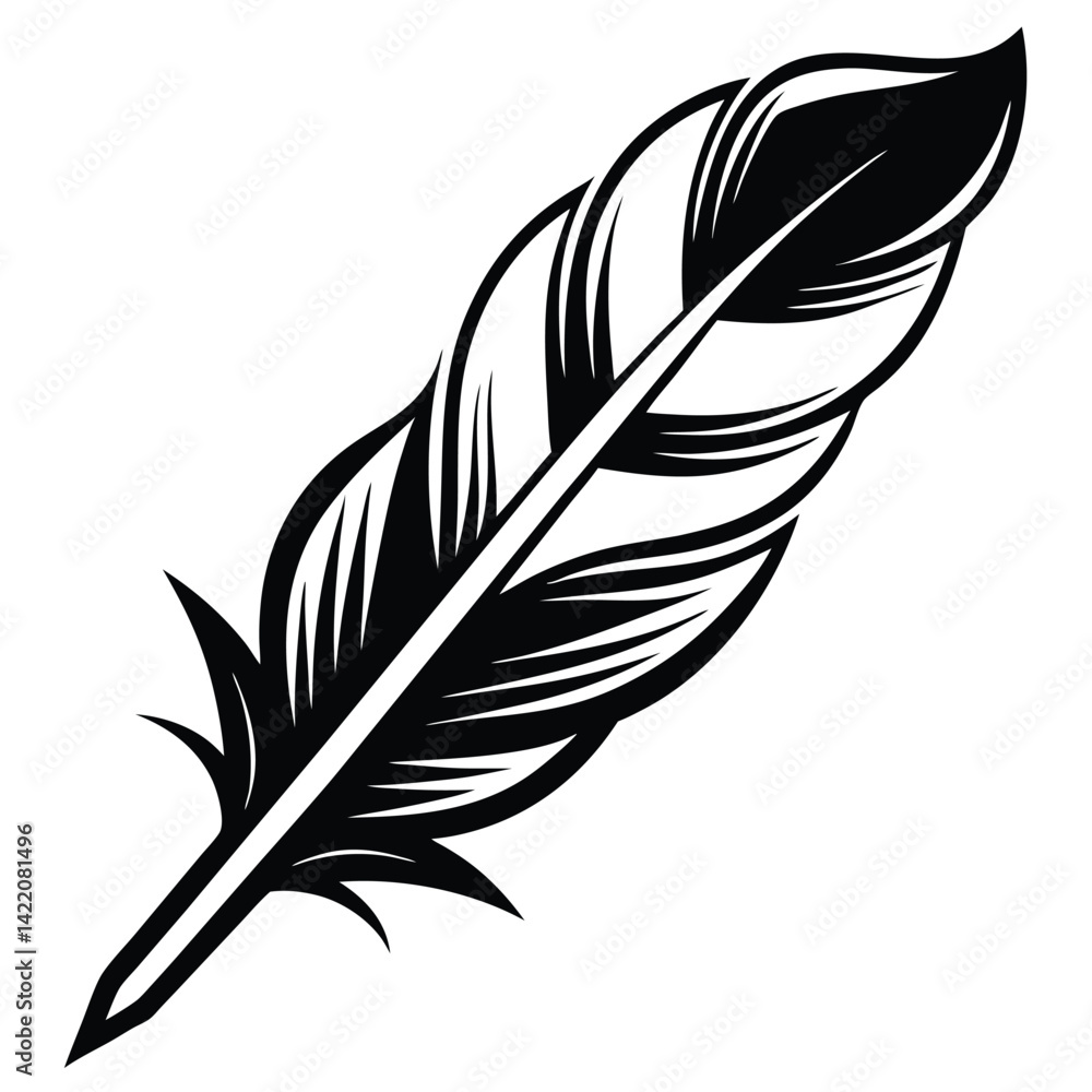 Fototapeta premium Elegant Black and White Feather Illustrations, Hand-Drawn Feather Designs in Black and White, Stylized Feather Clipart Collection.