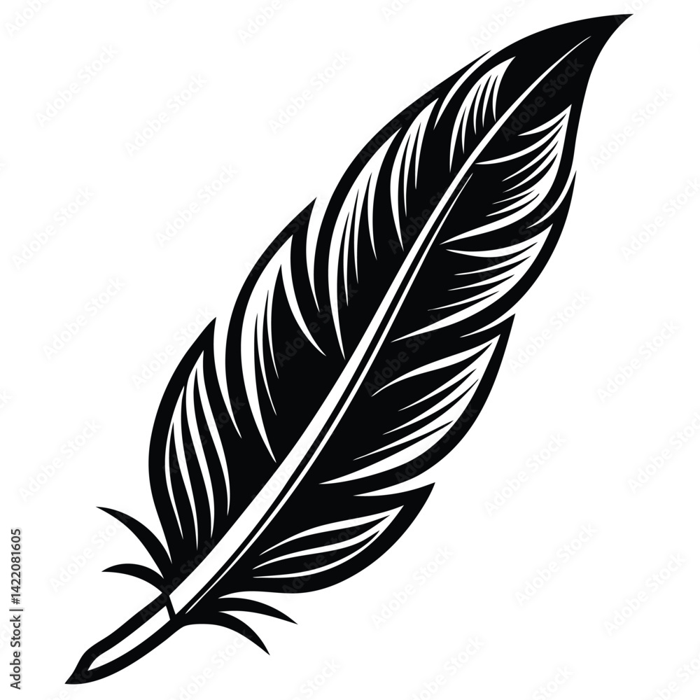 Fototapeta premium Elegant Black and White Feather Illustrations, Hand-Drawn Feather Designs in Black and White, Stylized Feather Clipart Collection.