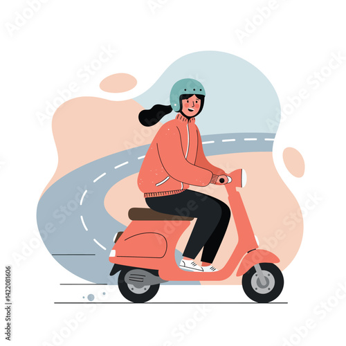 Woman riding orange scooter on curved road wearing teal helmet and casual clothes urban travel scene 