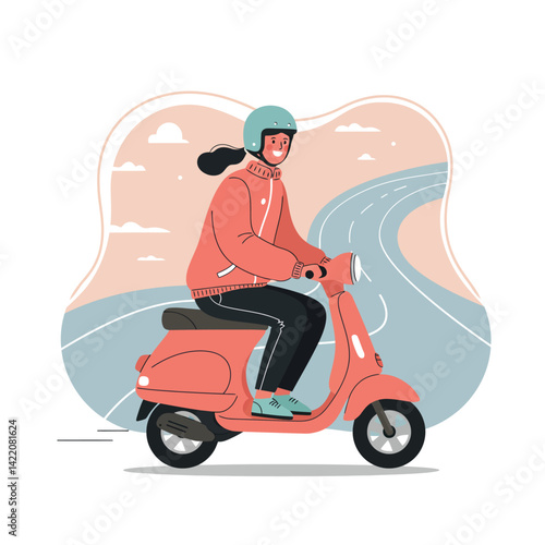 Woman riding red scooter on winding road in casual outfit with helmet urban transportation outdoor activity 