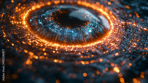 A futuristic digital eye-like illustration featuring a swirling pattern of light and detail. Suitable for tech or sci-fi concepts perhaps a futuristic website background.