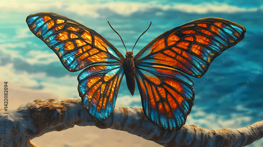 Butterfly with iridescent wings displaying orange and blue patterns on a branch with beach background. Warp-Spun Strands. Illustration