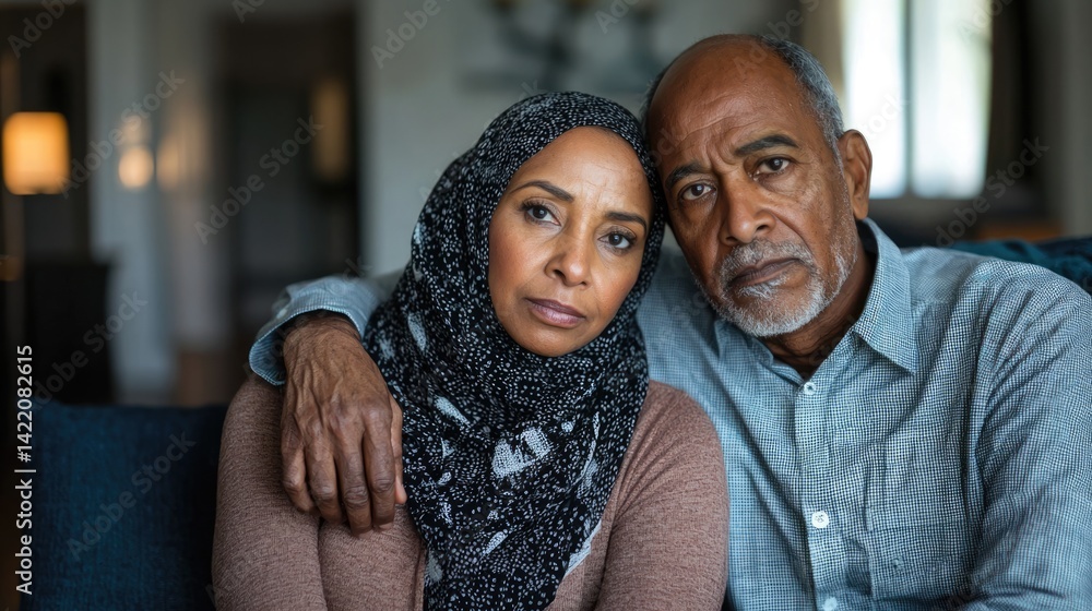 Intimate portrait of an elderly couple embracing at home.