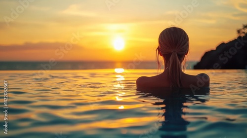 Serene sunset view with a person in an infinity pool.