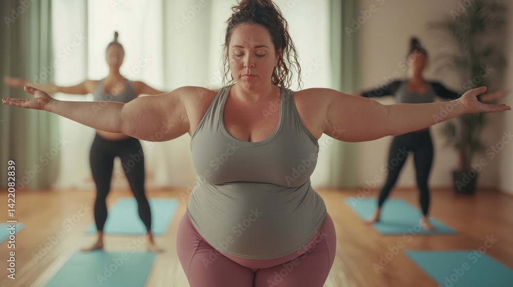 Woman practicing yoga with two others in a serene studio setting.