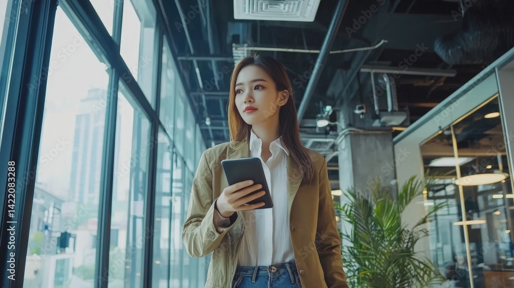 A woman holding a tablet in a modern office environment.
