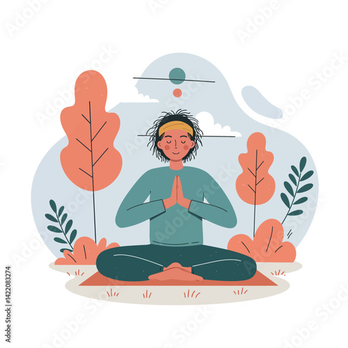 Person practicing meditation outdoors with autumn trees and calm nature background in peaceful setting 