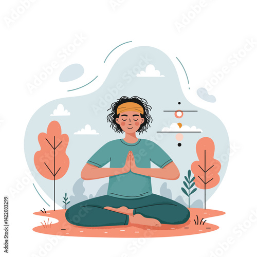 Man practicing meditation and mindfulness outdoors with orange trees and calm natural environment peaceful lifestyle scene 